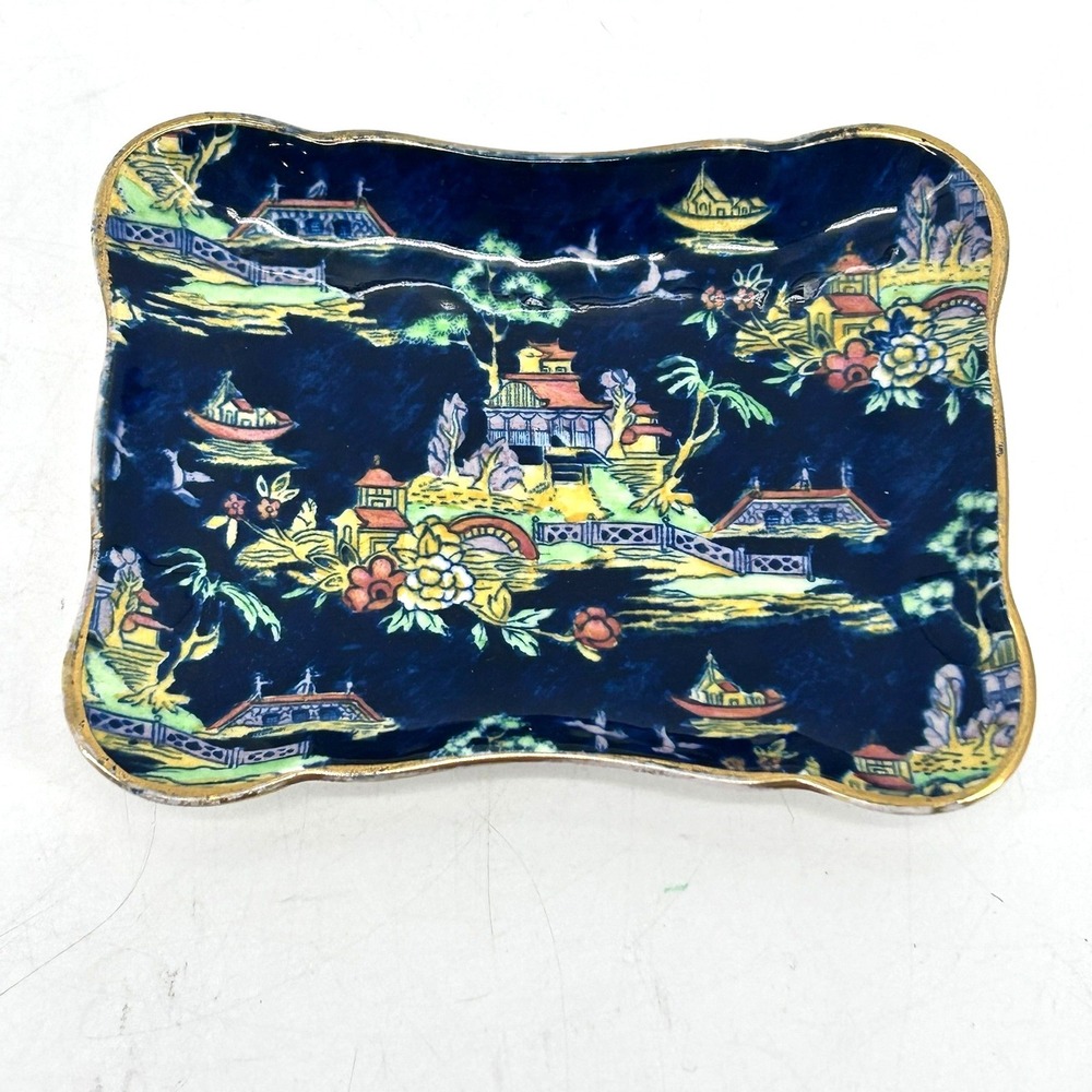 Royal Winton Staffordshire Chinoiserie Pin Tray Trinket Dish Blue Pagoda GoldRim